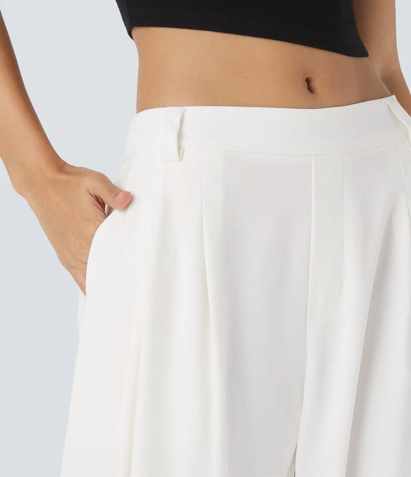 Pantalón oficina pierna barril bolsillo lateral plisado tiro medio