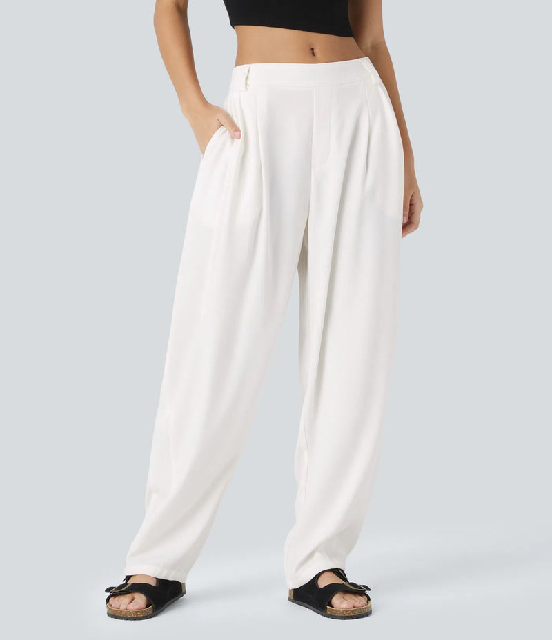 Pantalón oficina pierna barril bolsillo lateral plisado tiro medio