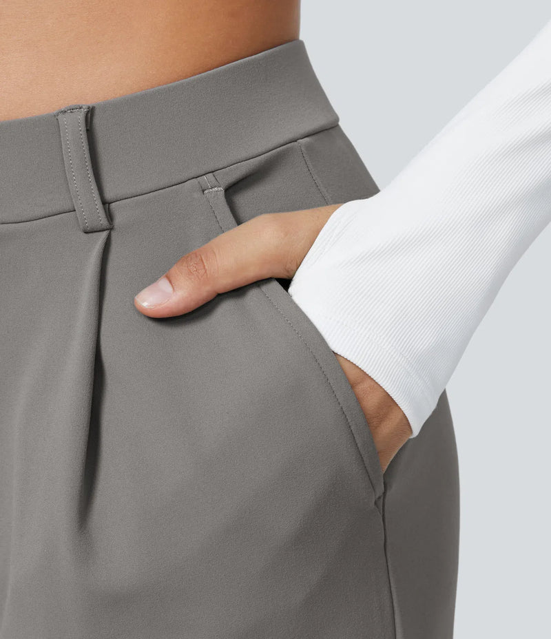 Pantalón oficina pierna recta bolsillo lateral tiro alto pliegue