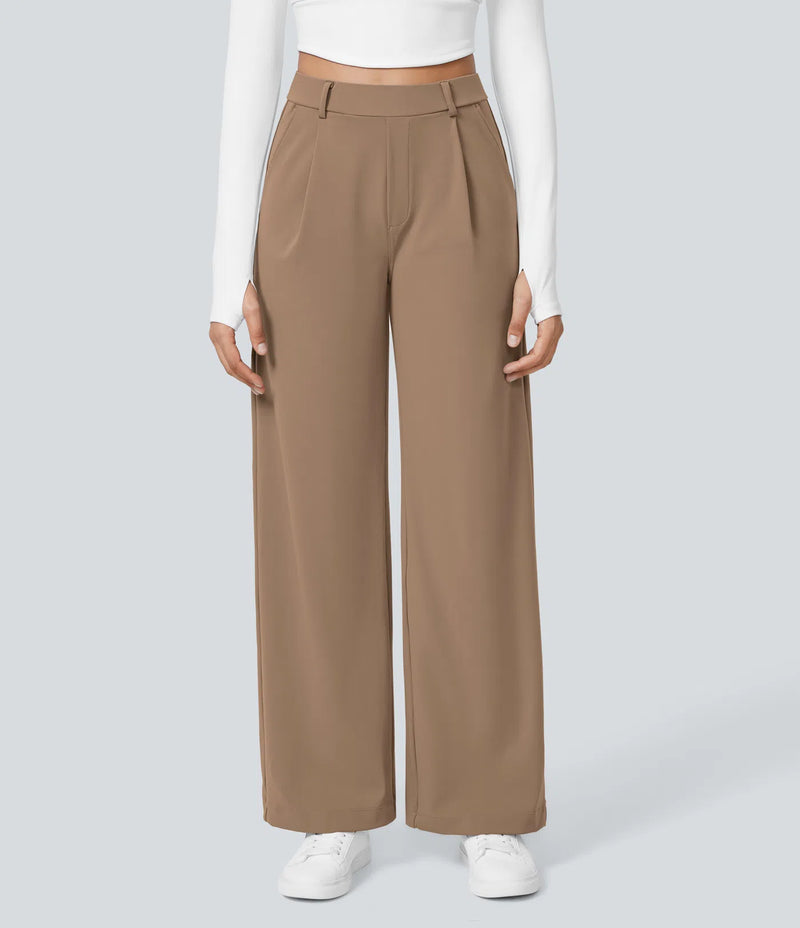 Pantalón oficina pierna recta bolsillo lateral tiro alto pliegue