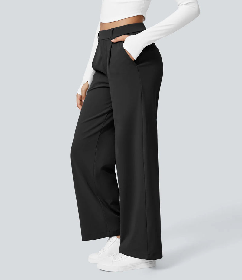 Pantalón oficina pierna recta bolsillo lateral tiro alto pliegue
